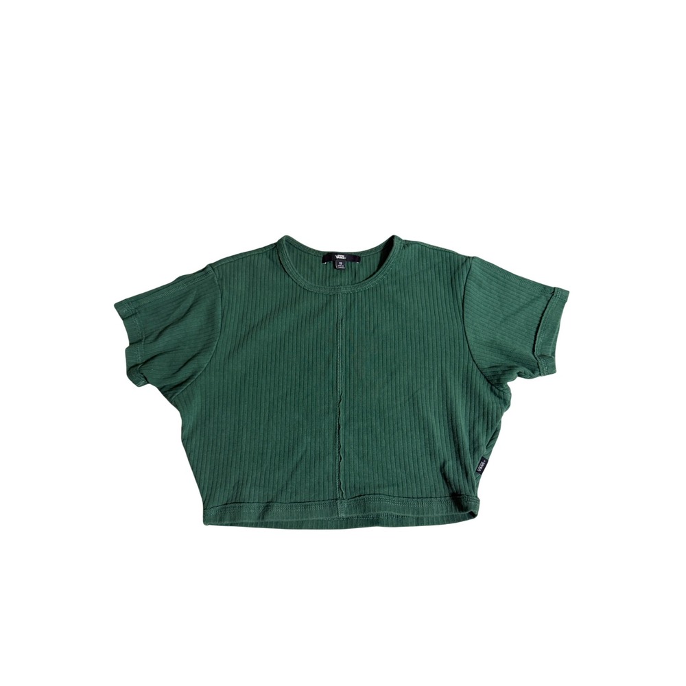 Vans Womens Ribbed Knit Crop Top Forest Green Short Sleeve Seam Front XS